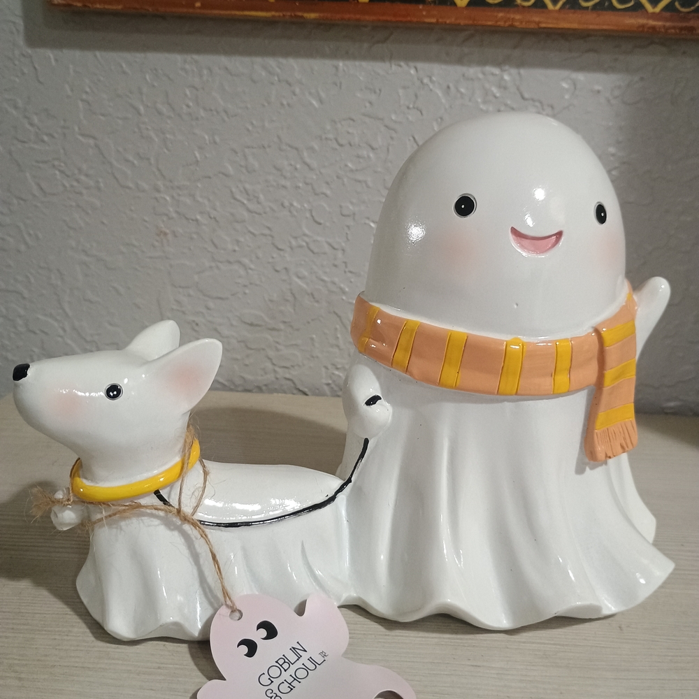 White Ghost and Dog Figurine with Yellow Scarf